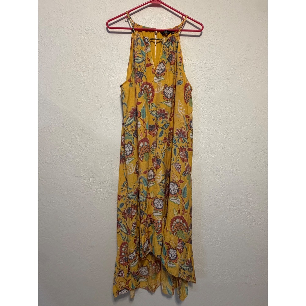 Mlle Gabrielle Yellow Floral Paisley Halter High Low Maxi Dress Boho Sleeveless